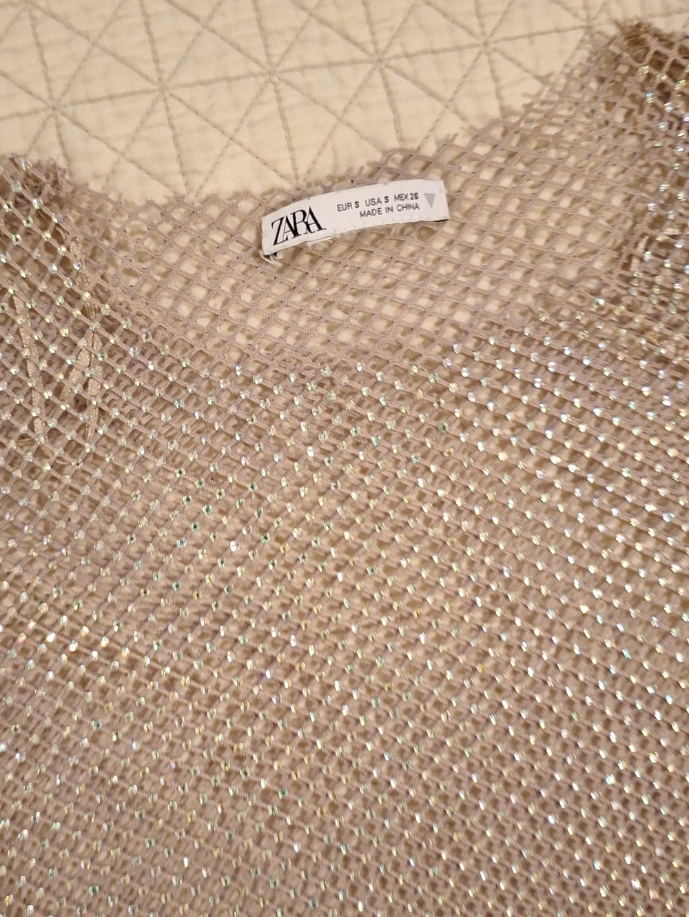 ZARA Metallic ice pink Open-Knit Scoop Neck top. sheer.